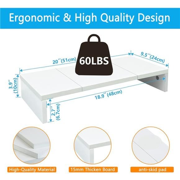 20 inch White Monitor Stand Riser, Wood Monitor Stand (White, 20 inch) - Picture 2 of 5